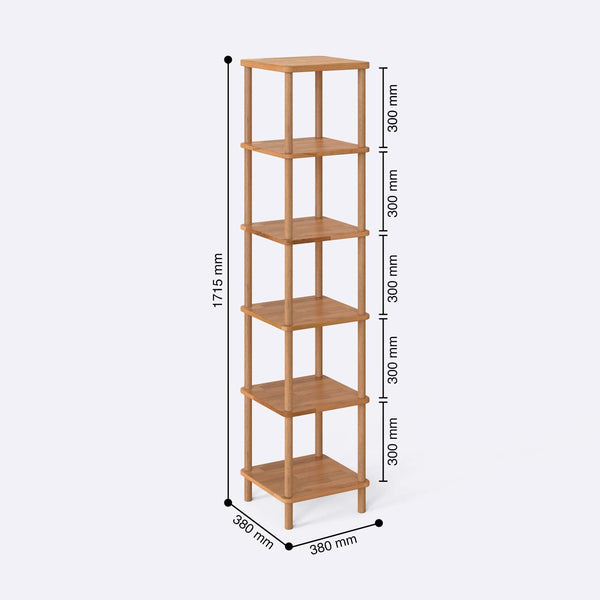 6 Raflı Kitaplık 38 x 38 cm ölçülendirilmiş teknik görünümü, milimetre cinsinden genişlik, derinlik ve yükseklik