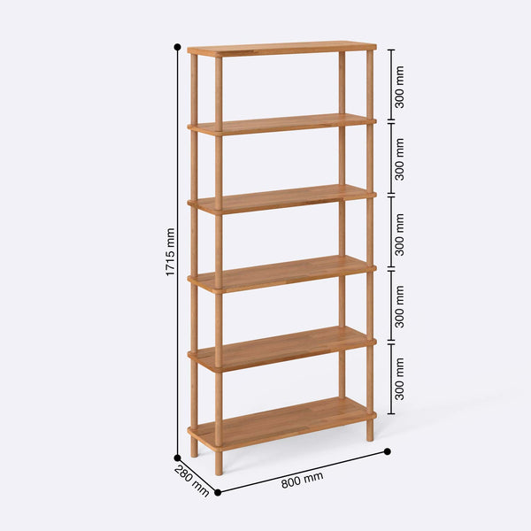 6 Raflı Kitaplık 80 x 28 cm ölçülendirilmiş teknik görünümü, milimetre cinsinden genişlik ve yükseklik