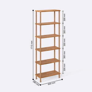 6 Raflı Kitaplık 60 x 28 cm ölçülendirilmiş teknik görünümü, milimetre cinsinden genişlik, derinlik ve yükseklik