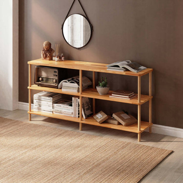Regmar 3 Raflı Kitaplık 160 x 38 cm, %100 masif kayın, doğal ahşap dokusu, ev ortamında kullanım görünümü