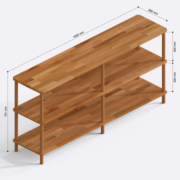 Regmar 3 Raflı Kitaplık 160 x 38 cm ölçülendirilmiş teknik görünümü, milimetre cinsinden genişlik, derinlik ve yükseklik