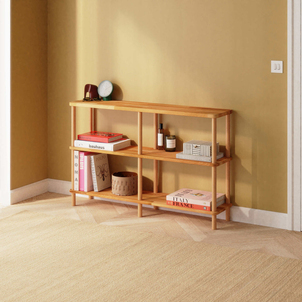 Regmar 3 Raflı Kitaplık 120 x 28 cm, %100 masif kayın, doğal ahşap dokusu, ev ortamında kullanım görünümü