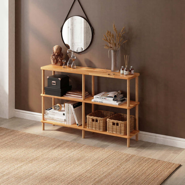 Regmar 3 Raflı Kitaplık 120 x 28 cm, %100 masif kayın, doğal ahşap dokusu, ev ortamında kullanım görünümü
