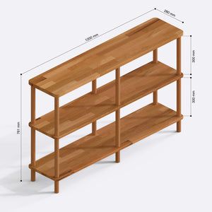 Regmar 3 Raflı Kitaplık 120 x 28 cm ölçülendirilmiş teknik görünümü, milimetre cinsinden genişlik, derinlik ve yükseklik