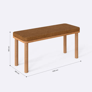 Dorrin Bench 100 x 38 cm ölçülendirilmiş teknik görünümü, badem keten döşeme, milimetre cinsinden ölçüler