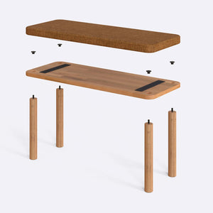 Dorrin Bench 100 x 38 cm parçalarına ayrılmış montaj görünümü, badem keten oturum ve masif kayın ayaklar