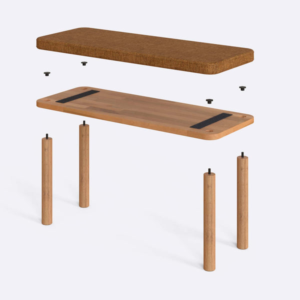 Dorrin Bench 100 x 38 cm parçalarına ayrılmış montaj görünümü, badem keten oturum ve masif kayın ayaklar