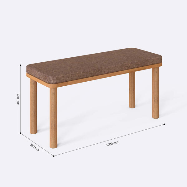 Dorrin Bench 100 x 38 cm ölçülendirilmiş teknik görünümü, kahve keten döşeme, milimetre cinsinden ölçüler