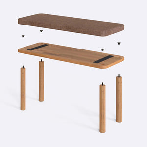 Dorrin Bench 100 x 38 cm parçalarına ayrılmış montaj görünümü, kahve keten oturum ve masif kayın ayaklar