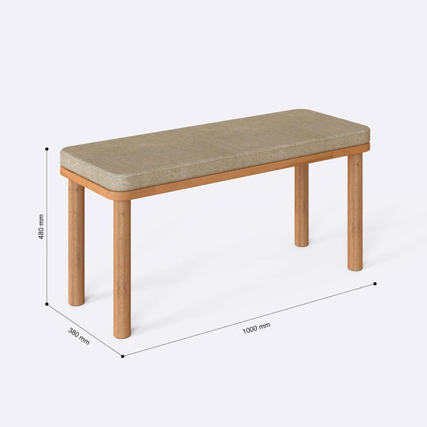 Dorrin Bench 100 x 38 cm ölçülendirilmiş teknik görünümü, kum keten döşeme, milimetre cinsinden ölçüler