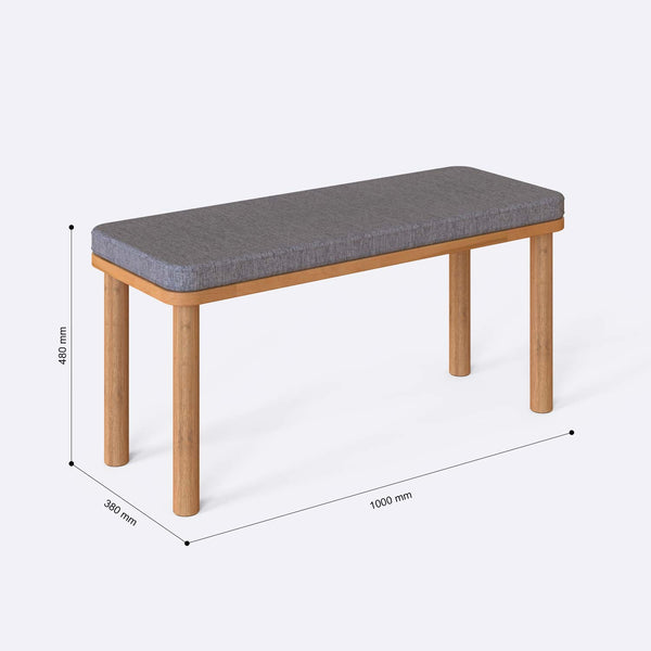 Dorrin Bench 100 x 38 cm ölçülendirilmiş teknik görünümü, gri keten döşeme, milimetre cinsinden ölçüler