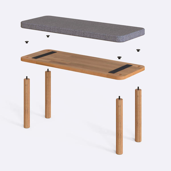 Dorrin Bench 100 x 38 cm parçalarına ayrılmış montaj görünümü, gri keten oturum ve masif kayın ayaklar