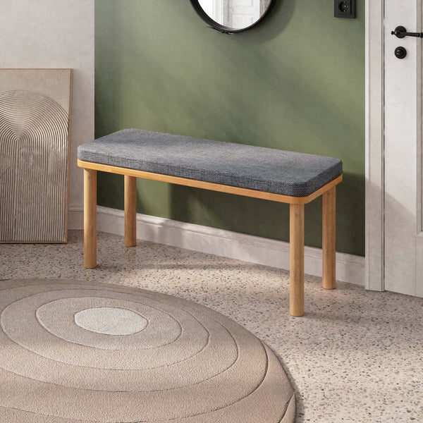 Dorrin Bench 100 x 38 cm, kül keten döşeme, masif kayın gövde, ev ortamında kullanım görünümü
