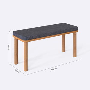 Dorrin Bench 100 x 38 cm ölçülendirilmiş teknik görünümü, kül keten döşeme, milimetre cinsinden ölçüler