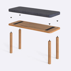 Dorrin Bench 100 x 38 cm parçalarına ayrılmış montaj görünümü, kül keten oturum ve masif kayın ayaklar