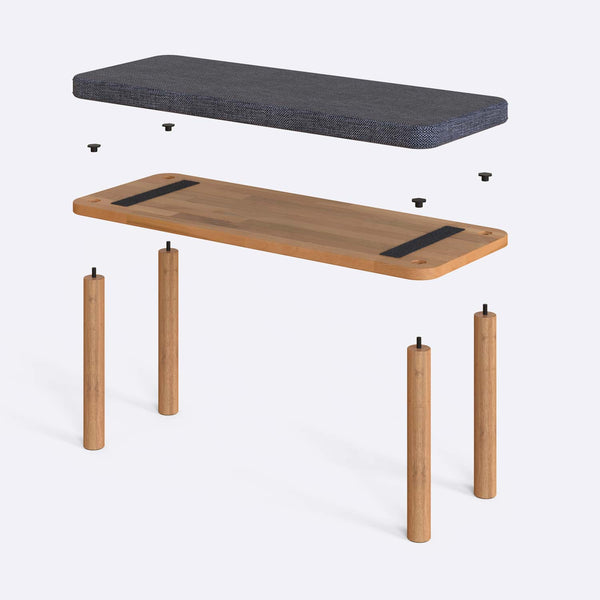 Dorrin Bench 100 x 38 cm parçalarına ayrılmış montaj görünümü, kül keten oturum ve masif kayın ayaklar