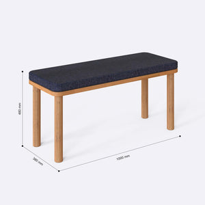 Dorrin Bench 100 x 38 cm ölçülendirilmiş teknik görünümü, lacivert keten döşeme, milimetre cinsinden ölçüler