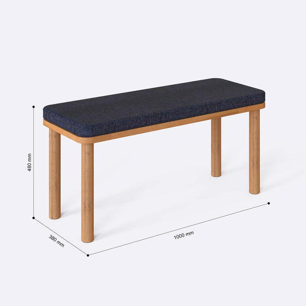 Dorrin Bench 100 x 38 cm ölçülendirilmiş teknik görünümü, lacivert keten döşeme, milimetre cinsinden ölçüler
