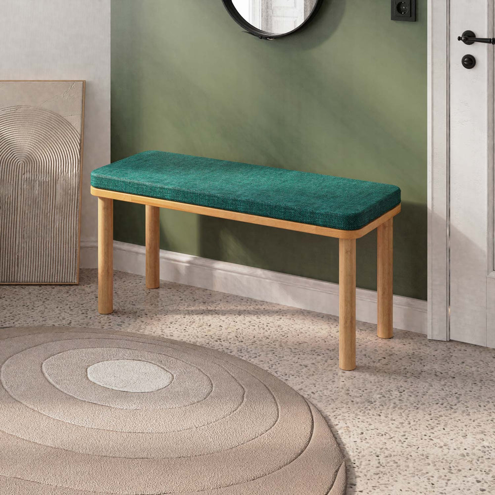 Dorrin Bench 100 x 38 cm, petrol keten döşeme, masif kayın gövde, ev ortamında kullanım görünümü