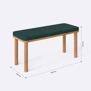 Dorrin Bench 100 x 38 cm ölçülendirilmiş teknik görünümü, petrol keten döşeme, milimetre cinsinden ölçüler