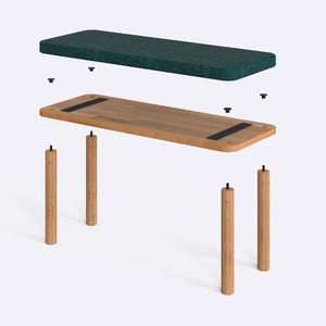 Dorrin Bench 100 x 38 cm parçalarına ayrılmış montaj görünümü, petrol keten oturum ve masif kayın ayaklar