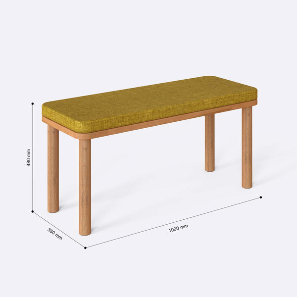 Dorrin Bench 100 x 38 cm ölçülendirilmiş teknik görünümü, sarı keten döşeme, milimetre cinsinden ölçüler