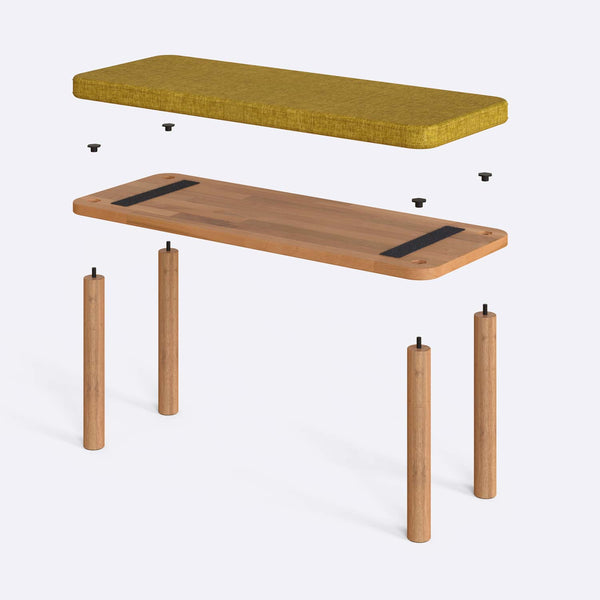 Dorrin Bench 100 x 38 cm parçalarına ayrılmış montaj görünümü, sarı keten oturum ve masif kayın ayaklar