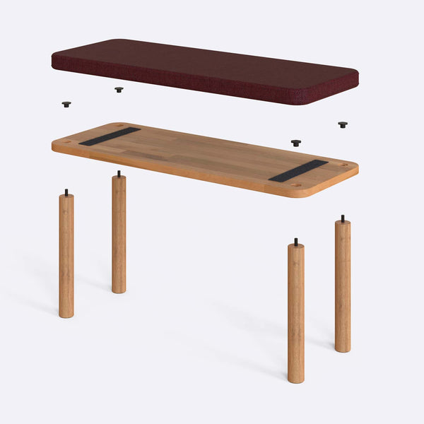 Dorrin Bench 100 x 38 cm parçalarına ayrılmış montaj görünümü, bordo keten oturum ve masif kayın ayaklar