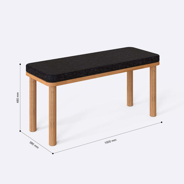 Dorrin Bench 100 x 38 cm ölçülendirilmiş teknik görünümü, siyah keten döşeme, milimetre cinsinden ölçüler