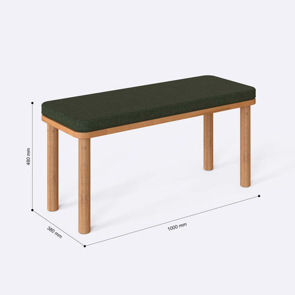 Dorrin Bench 100 x 38 cm ölçülendirilmiş teknik görünümü, yeşil keten döşeme, milimetre cinsinden ölçüler