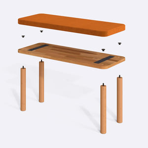 Dorrin Bench 100 x 38 cm parçalarına ayrılmış montaj görünümü, badem kadife oturum ve masif kayın ayaklar