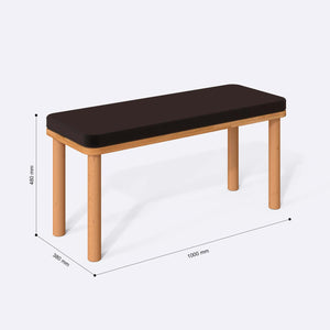 Dorrin Bench 100 x 38 cm ölçülendirilmiş teknik görünümü, kahve kadife döşeme, milimetre cinsinden ölçüler