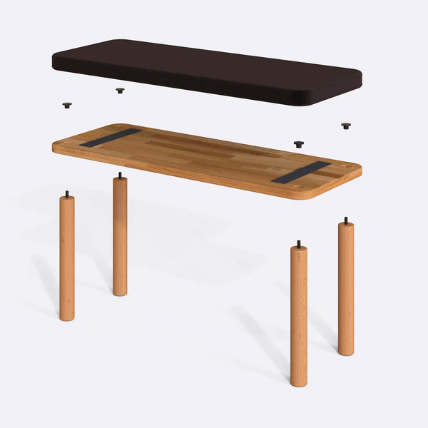 Dorrin Bench 100 x 38 cm parçalarına ayrılmış montaj görünümü, kahve kadife oturum ve masif kayın ayaklar