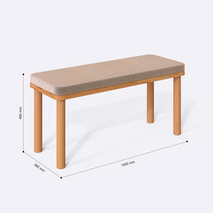 Dorrin Bench 100 x 38 cm ölçülendirilmiş teknik görünümü, kum kadife döşeme, milimetre cinsinden ölçüler