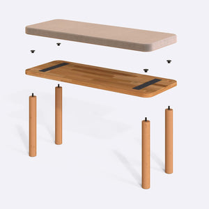 Dorrin Bench 100 x 38 cm parçalarına ayrılmış montaj görünümü, kum kadife oturum ve masif kayın ayaklar
