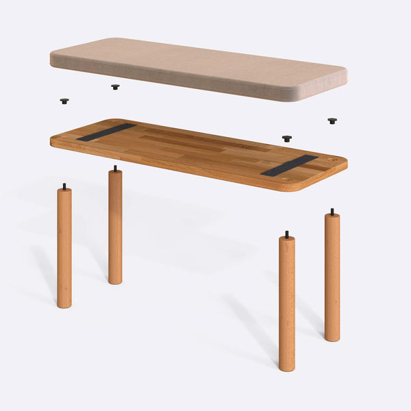 Dorrin Bench 100 x 38 cm parçalarına ayrılmış montaj görünümü, kum kadife oturum ve masif kayın ayaklar