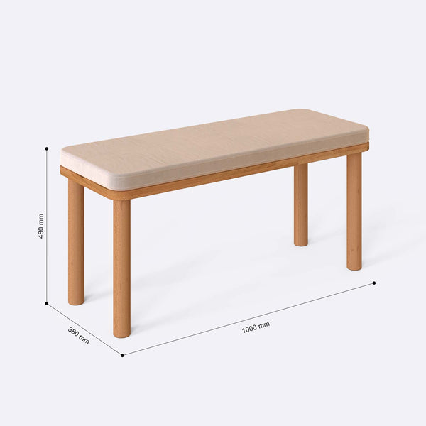 Dorrin Bench 100 x 38 cm ölçülendirilmiş teknik görünümü, ekru kadife döşeme, milimetre cinsinden ölçüler