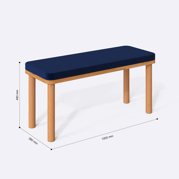 Dorrin Bench 100 x 38 cm ölçülendirilmiş teknik görünümü, lacivert kadife döşeme, milimetre cinsinden ölçüler