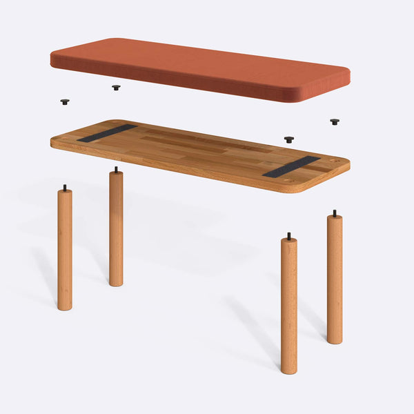 Dorrin Bench 100 x 38 cm parçalarına ayrılmış montaj görünümü, somon kadife oturum ve masif kayın ayaklar