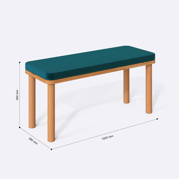 Dorrin Bench 100 x 38 cm ölçülendirilmiş teknik görünümü, petrol kadife döşeme, milimetre cinsinden ölçüler