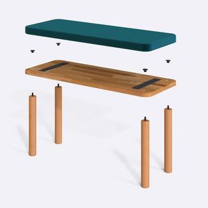 Dorrin Bench 100 x 38 cm parçalarına ayrılmış montaj görünümü, petrol kadife oturum ve masif kayın ayaklar