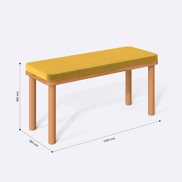 Dorrin Bench 100 x 38 cm ölçülendirilmiş teknik görünümü, sarı kadife döşeme, milimetre cinsinden ölçüler