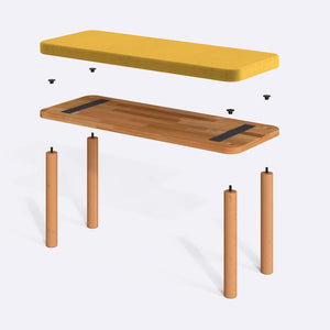 Dorrin Bench 100 x 38 cm parçalarına ayrılmış montaj görünümü, sarı kadife oturum ve masif kayın ayaklar