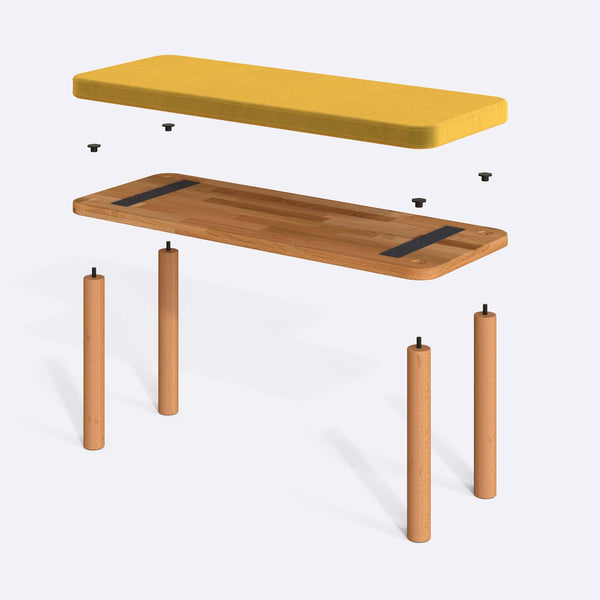 Dorrin Bench 100 x 38 cm parçalarına ayrılmış montaj görünümü, sarı kadife oturum ve masif kayın ayaklar
