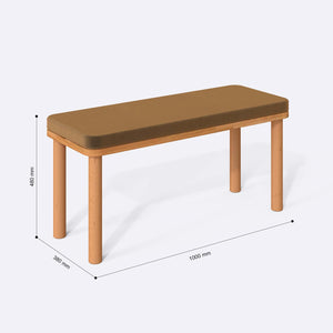 Dorrin Bench 100 x 38 cm ölçülendirilmiş teknik görünümü, vizon kadife döşeme, milimetre cinsinden ölçüler