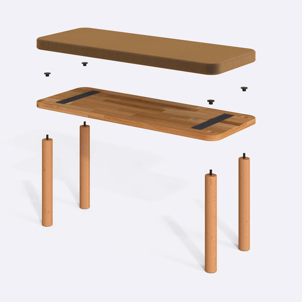 Dorrin Bench 100 x 38 cm parçalarına ayrılmış montaj görünümü, vizon kadife oturum ve masif kayın ayaklar