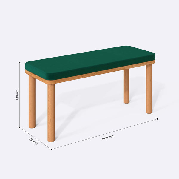 Dorrin Bench 100 x 38 cm ölçülendirilmiş teknik görünümü, zümrüt kadife döşeme, milimetre cinsinden ölçüler