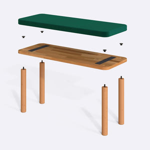 Dorrin Bench 100 x 38 cm parçalarına ayrılmış montaj görünümü, zümrüt kadife oturum ve masif kayın ayaklar