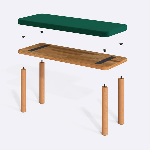 Dorrin Bench 100 x 38 cm parçalarına ayrılmış montaj görünümü, zümrüt kadife oturum ve masif kayın ayaklar
