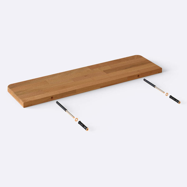 Sır Raf 80 x 22 cm parçalarına ayrılmış montaj görünümü, masif kayın parçalar ve bağlantı elemanları